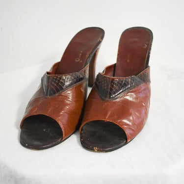 1970s Leather Heeled Mules, Size 8 - 8 1/2 M 