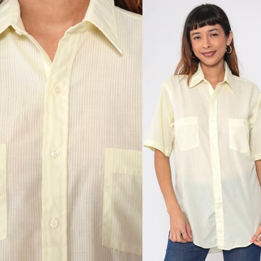 Yellow Shirt 80s Button Up Semi-Sheer Striped Preppy Collared Chest Pocket Short Sleeve Vintage 1980s Arrow Kent Classic Mens Medium 15 1/2 