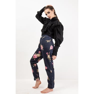 Vintage dark floral rose print Fredericks of Hollywood jeans / 1980s high waist tapered fit denim / M 