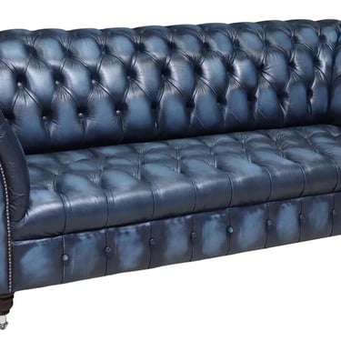 Sofa, Blue Leather, English Chesterfield Style, Nailhead Trim, Button Tufted!!