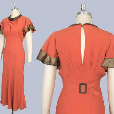 1930s Gown / 30s Bright Salmon Pink Textured Crepe Dress / Maxi / Lame Trim / Flutter Sleeves / Bias Cut / Pink ORANGE 