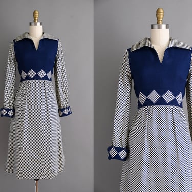 vintage 1960s Dress | Guy Mayer Blue Checkered Print Dress | Small 