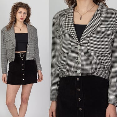 80s Black & White Gingham Cropped Jacket - Large | Vintage Lightweight Button Up Top 