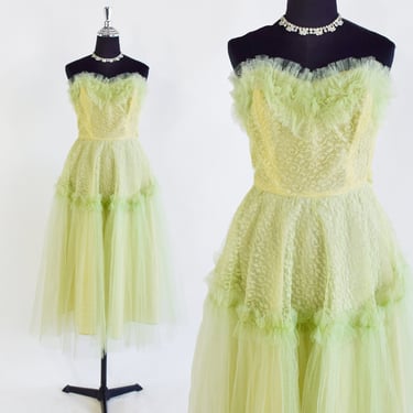1940s Citron Green Lace  & Tulle Strapless Evening Dress | 40s Chartreuse Green Cupcake Dress | Lace Prom Dress | Small 