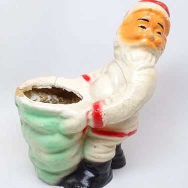 Antique 1940's  Large White 8 1/2 Inch Santa Holding Bag Candy Container, Pulp Paper Mache, Hand Painted for Christmas 