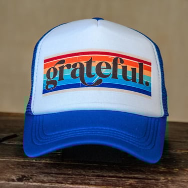 Ready to Ship | Trucker Hat | Hand Printed | Grateful | Blue Hat 