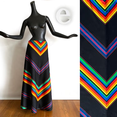 Vintage 70s "Serape" Chevron Stripe Maxi Skirt • Hippie Boho Coachella Music Festival • Black + Vibrant Multi Rainbow Indian Blanket • Sz M 