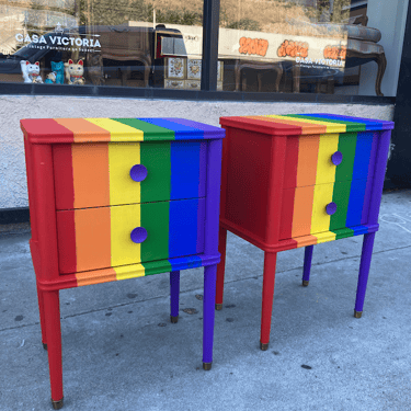 Loud and Proud | Pair of  Rainbow Mid-century Nightstands with Folk Art Motif