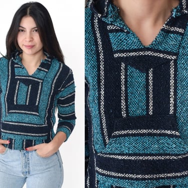 90s Blue Baja Hoodie 2xs Mexican Striped Drug Rug Sweatshirt Cropped Hippie Boho Hooded Blanket Bohemian Kangaroo Pocket 1990s xxs 