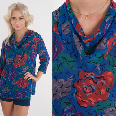 Cowl Neck Floral Blouse 80s 3/4 Sleeve Top Blue Red Purple Romantic Boho 1980s Vintage Bohemian Loose Casual Summer Small 
