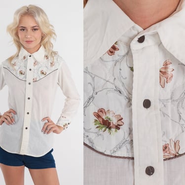 70s Western Shirt White Quilted Floral Button up Shirt Semi-Sheer Yoke Long Sleeve Rodeo Cowboy Vintage 1970s Small xs 