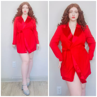 1990s Vintage Allyn Paige Red Acetate Wrap Dress / 90s / Nineties Tuxedo Satin Lapel Mini Dress / Size Medium - Large 