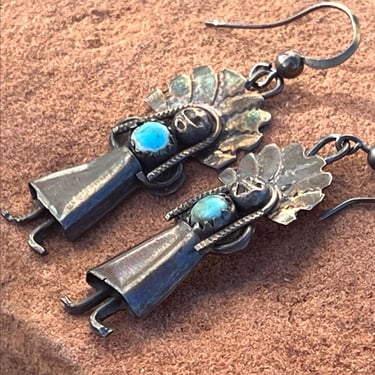 Vintage Native American Sterling Silver Kachina Maiden Hook Earrings with Turquoise Cab 