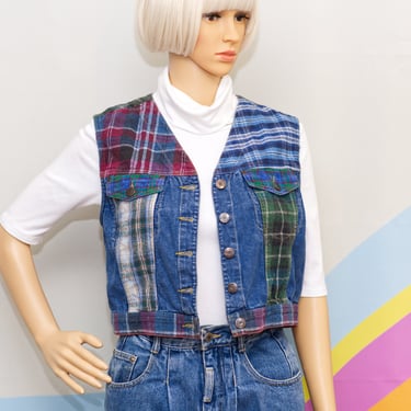 Vintage 1990s Cropped Flannel Patchwork Denim Vest | Small | 15 