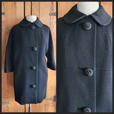 Vintage 60s Black Coat A line Line Large Buttons Lenari Designs 