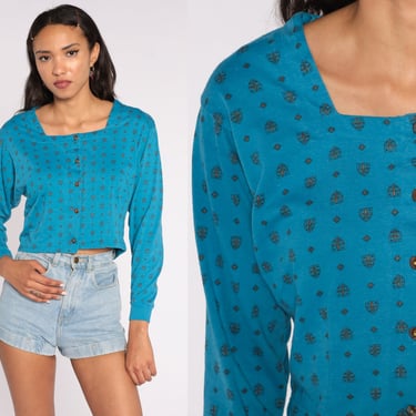 80s Crop Top Turquoise Geometric Shirt Button Up Shirt Cotton 1980s Crop Top 90s Long Sleeve Top Vintage Bright Medium 