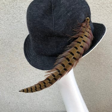 Vintage brim grey cream hat with long feather cotton Styled by Coralie sz 22 