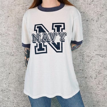 80's Vintage Soft Thin Navy Ringer Tee Shirt T-Shirt 