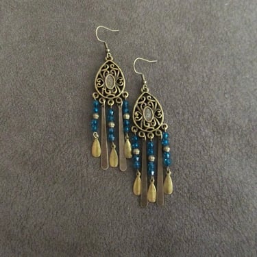 Chandelier earrings, blue crystal and bronze gypsy earrings, boho earrings, long ethnic tribal earrings, bohemian unique princess Bollywood2 