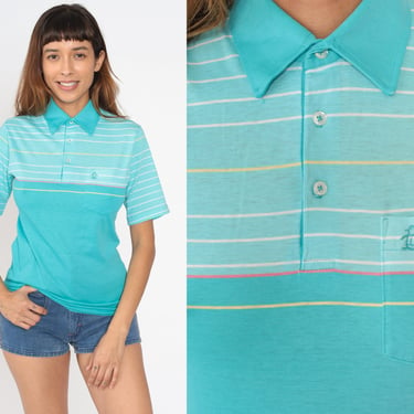 80s Polo Shirt Turquoise Striped Munsingwear Shirt Blue Shirt Half Button Up Shirt 1980s Retro Vintage Tee White Pink Small xs 