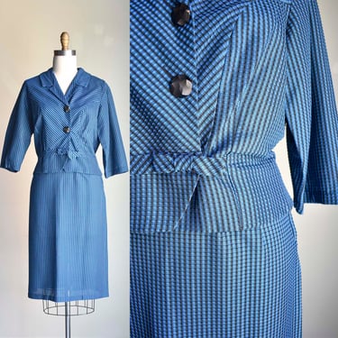 1950s Blue & Black 2pc Outfit / 1950s Jacket and Skirt / Vintage 2pc 1950s Outfit / Blue and Black 1950s Matched Set 