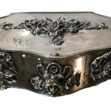 Antique Art Nouveau French Silverplate Jewelry Box W Pink Satin Interior 