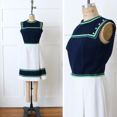 vintage 1960s cute navy blue & white dress • mod sleeveless double-knit dress with ribbon and buttons trim 