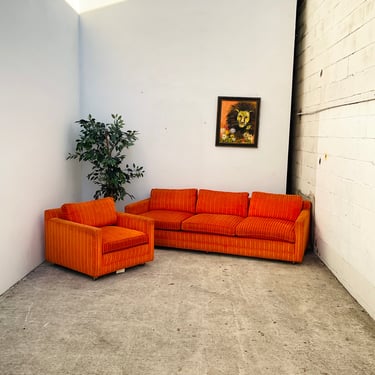 Orange Striped Velvet 3 Seat Couch