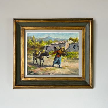 Vintage Figurative Spanish Landscape Woman and Donkey Oil Painting 