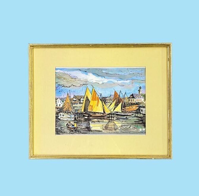 Vintage Watercolor 1960s Retro Size 17x21 Mid Century Modern + J.L. Volders + Waterfront Paramaribo Suriname + South America + Original Art 