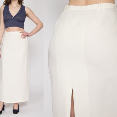 Medium 90s Minimalist White Linen Maxi Skirt 28" | Vintage High Waisted Ankle Length Back Slit Skirt 