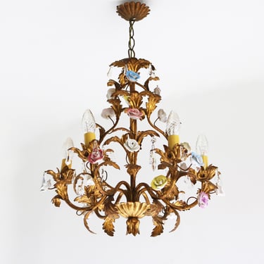 Italian Florentine Tole Chandelier Hand Made Ceramic Roses Hanging Crystals Pendant Ceiling Light Flowers Gold-Plated Metal Acanthus Leaves 