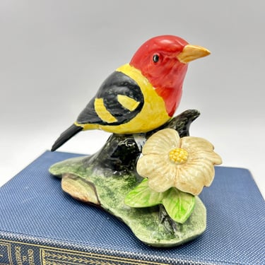 Vintage Stangl Pottery Western Tanager Bird Figure, Figurine, Statue, Orange, Red, Yellow, Black with Yellow/Cream Flower #3749 