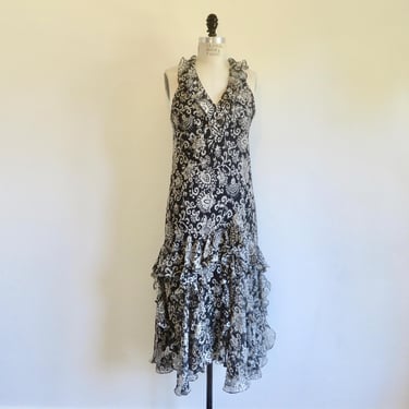 1930's Style Black and White Floral Print Bias Cut Silk Chiffon Dress Sleeveless Style Ruffle Hem Art Deco Era Flapper Ralph Lauren Size 10 