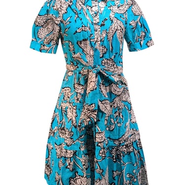 Diane von Furstenberg - Turquoise & White Floral Printed Fil Coupé Dress Sz 6