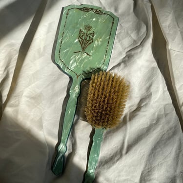 Vintage Green Hand Mirror and Brush 