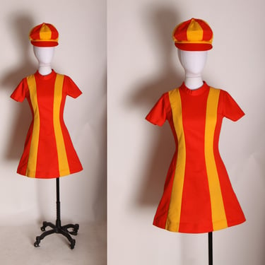 1960s Ketchup Red and Mustard Yellow Striped Mod Burger King Uniform Mini Dress with Matching Hat Uniform by Pretti Careers -XS 
