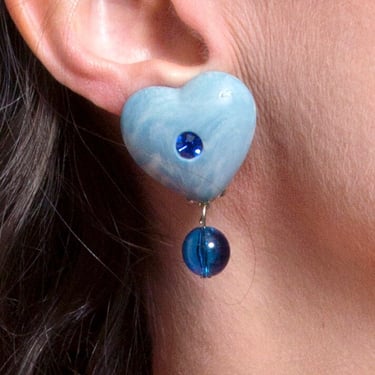 Unique Vintage 60s Blue Swirl Heart with Rhinestone & Drop Bead Clip-On Earrings 