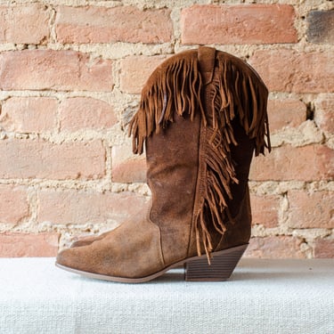 brown cowboy boots | 80s vintage Leathercraft brown suede fringed high heel cowgirl boots women's size 9 
