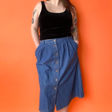 1990s Pleated Denim Midi Skirt, sz. XL