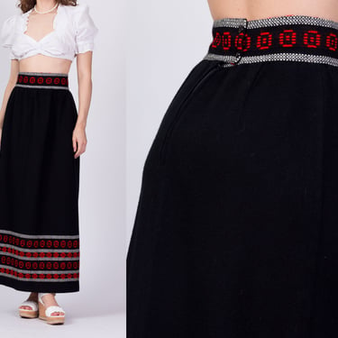60s 70s Black Striped Folk Maxi Skirt - Small, 27" | Vintage Miss Pat Woven A Line Long Boho Hostess Skirt 