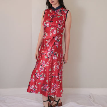 1990's Silky Floral Dress/ Vintage Slip Style Dress/ Nehru Collar A-line Dress/ Asia Inspired Fabric/ Size M 