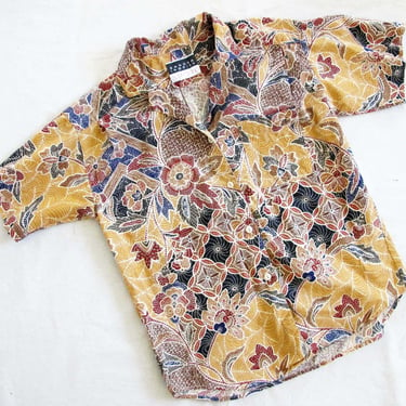 Vintage 80s Batik Floral Print Blouse M - 1980s Tropical Orange Brown Rust Short Sleeve Button Up 