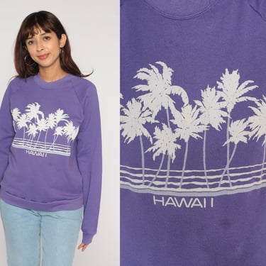 Hawaii Sweatshirt 90s Purple Raglan Sweatshirt Tropical Palm Tree Graphic Pullover Crewneck Tourist Travel Sweater Vintage 80s Small Medium 