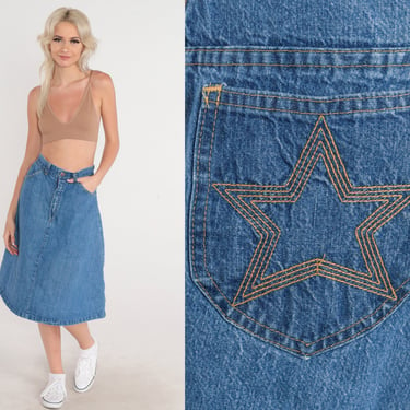 Denim Midi Skirt 80s A-Line Skirt Embroidered Star Pocket High Waisted Rise Retro Streetwear Bohemian Western Vintage 1980s Small 