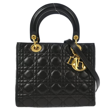 Christian Dior 2002 Black Lambskin Medium Lady Dior Cannage 2way Handbag