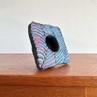 Vintage black raku flower frog vase / signed modern textural pottery with iridescent sheen 