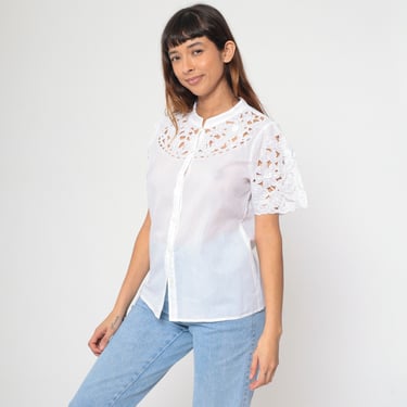 White Cutwork Blouse 90s Embroidered Floral Button Up Shirt Cutout Scalloped Top Semi-Sheer Short Sleeve Button Up Vintage 1990s Large 