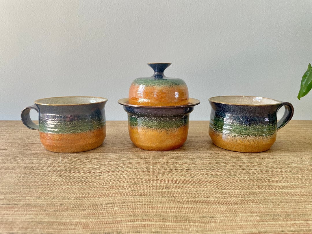 Vintage Pottery Studio Art Signed Ceramic Coffee Mugs & Sugar