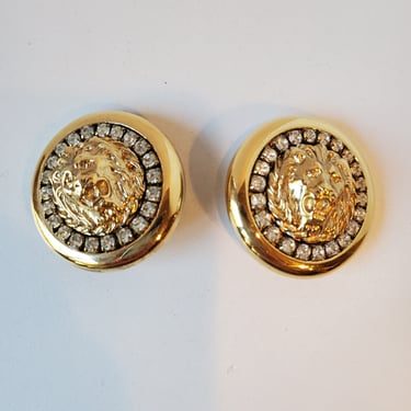 Vintage lion and rhinestone clip earrings 